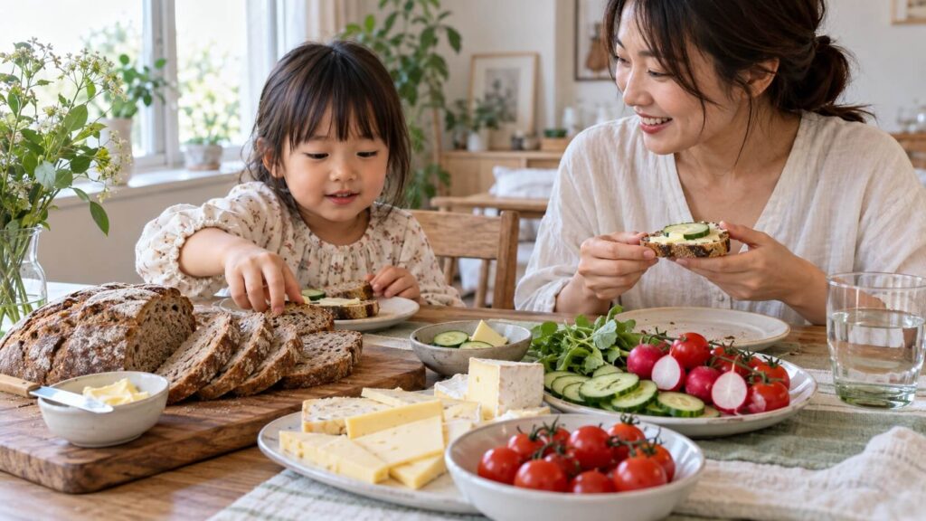食材をパンにのせて食べる親子
