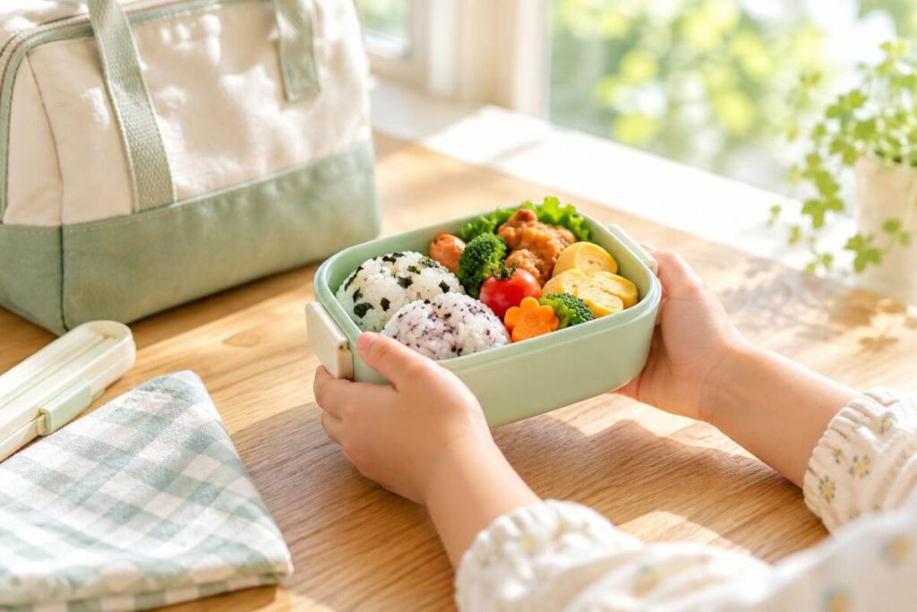お弁当を持ち上げる手元