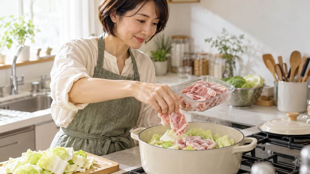 お鍋に食材を入れて夕飯をつくる女性