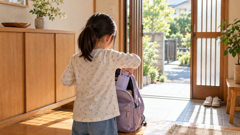 子どもがリュックに水筒を入れる様子