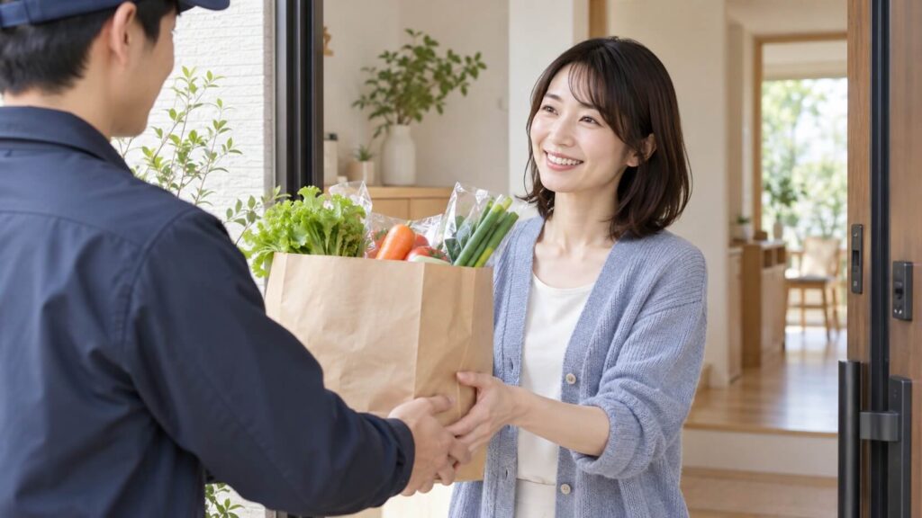 食材宅配を玄関先で受け取る女性