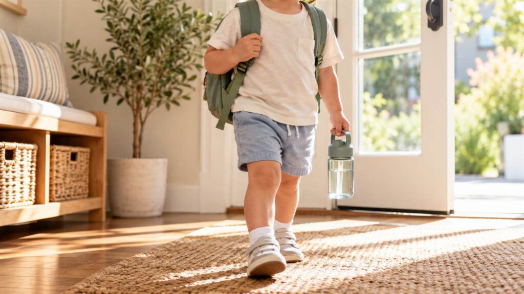 4歳の子どもが水筒を手に帰宅した様子