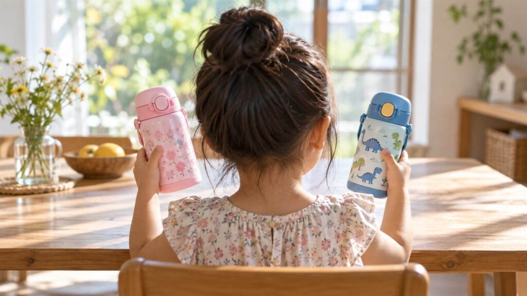 5歳の子どもが水筒を悩む様子