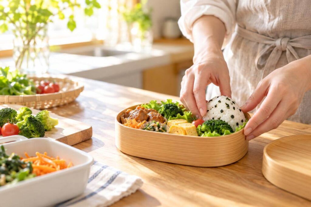 母親がお弁当を準備する手元