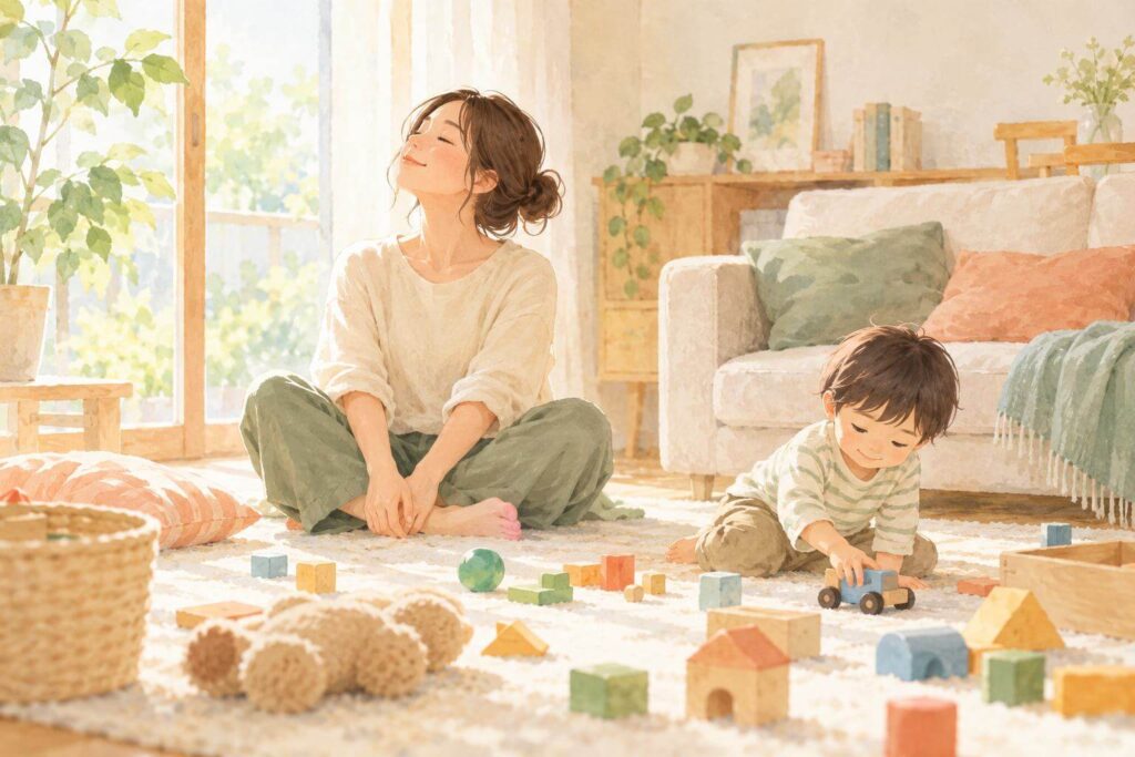 遊ぶ子どもと一息つく母親