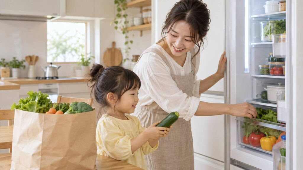 冷蔵庫に親子が食材をしまう様子