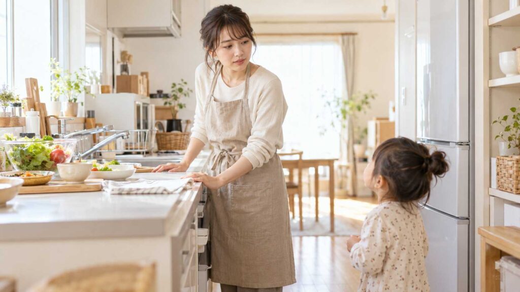 料理の手を止めて子どもの呼びかけに応じる母親