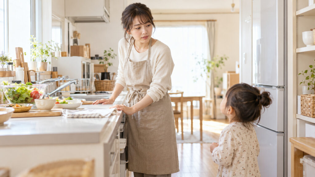 料理の手を止めて子どもの呼びかけに応じる母親