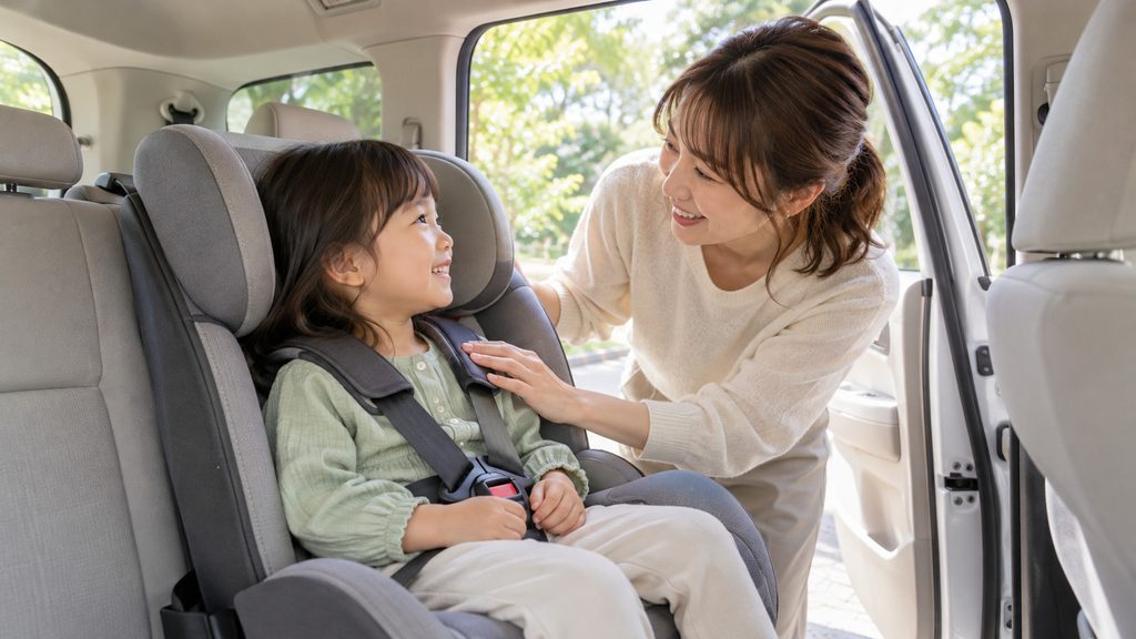 車での出発前に子どもへ声をかける母親