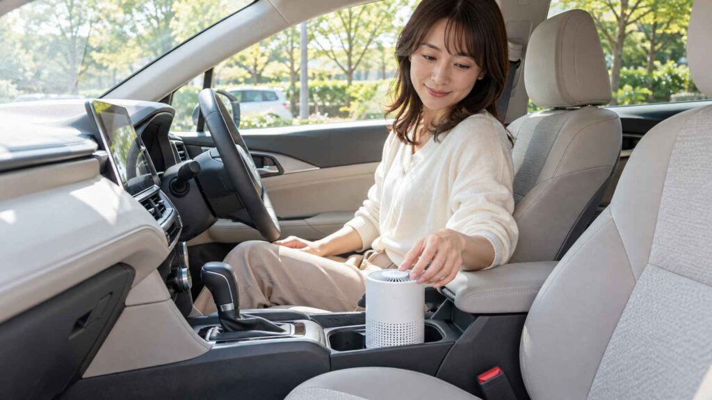 車内の小型空気清浄機を確認する女性