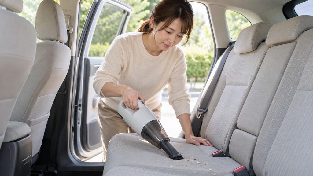 車のシートに落ちた食べかすを掃除する様子