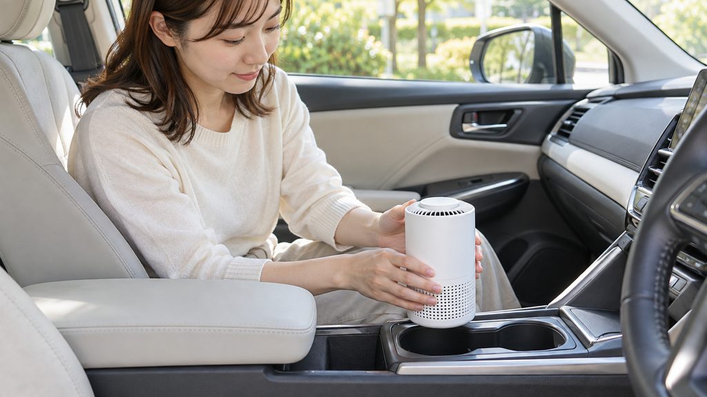 車用空気清浄機のサイズと置き場所を確認する様子