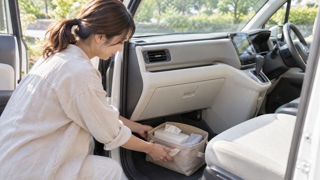 家族のお出かけに向けて車内を整える女性