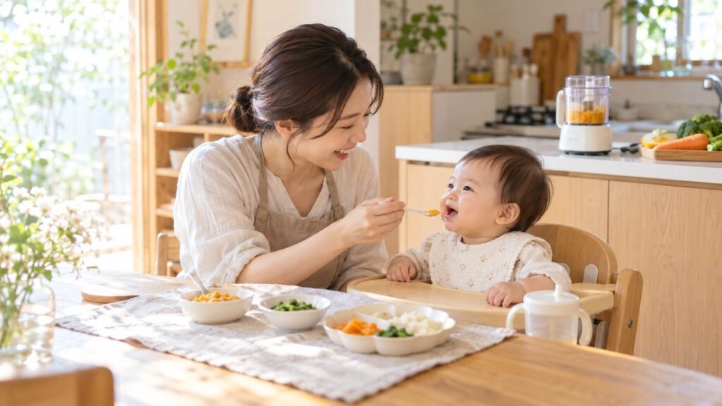赤ちゃんに食べさせるママ
