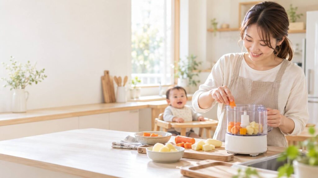 フードプロセッサーで料理をする女性の姿を後ろに赤ちゃん