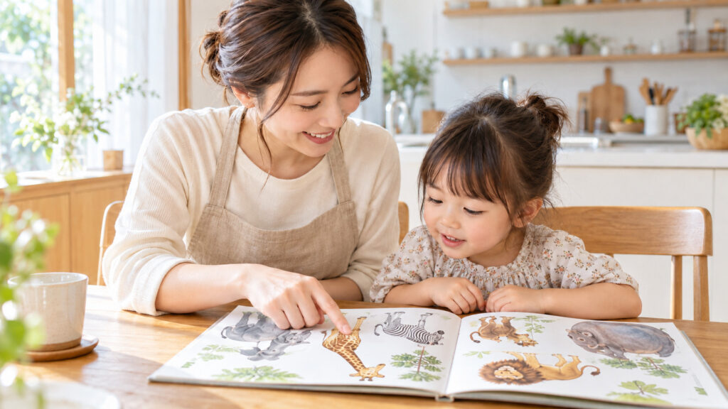 料理の合間に子どもと絵本を楽しむ母親