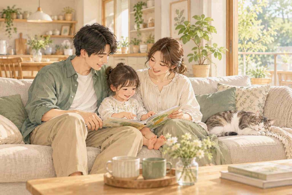 猫と家族がくつろぐ様子