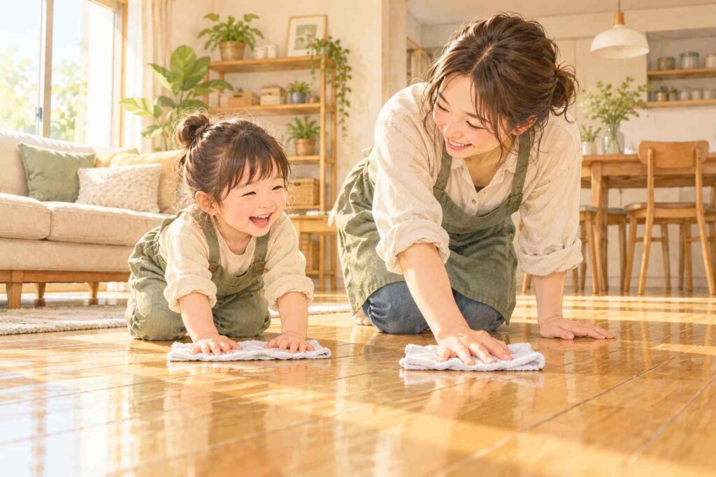 家族で楽しく床を水拭きする様子