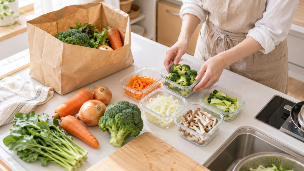届いた食材と下準備済みの野菜を整理する様子