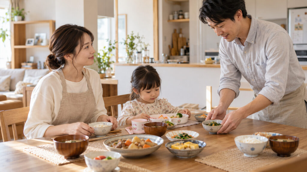 食事の準備を分担しながら食卓を囲む家族