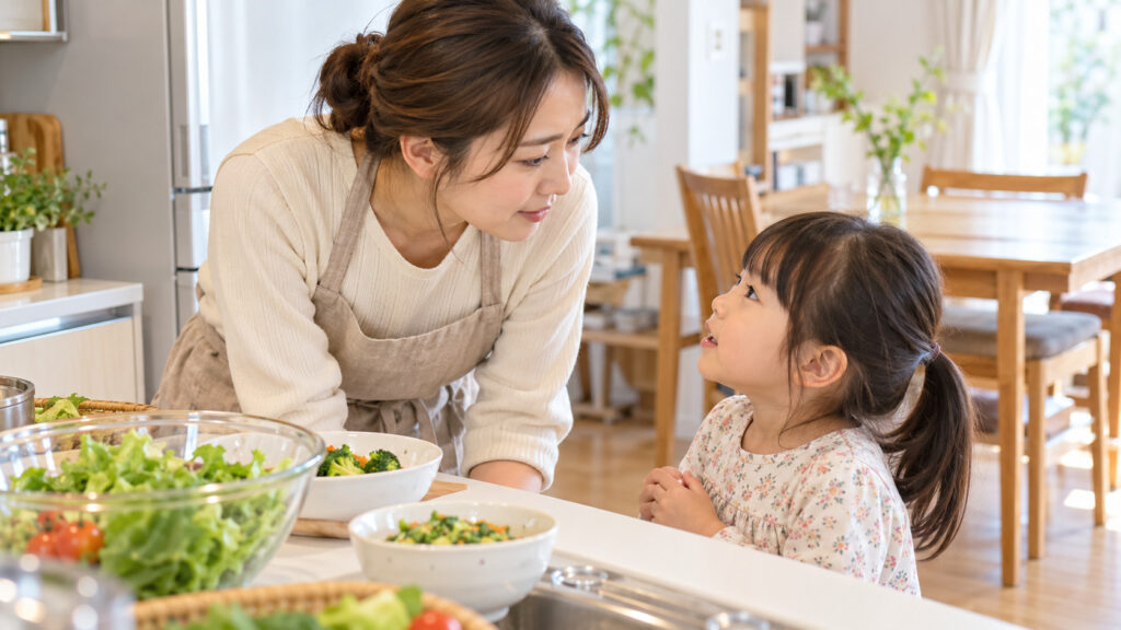 食事の準備中に子どもの話を聞く母親