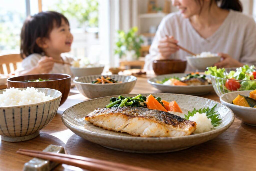 親子で魚料理を食べる食卓の様子