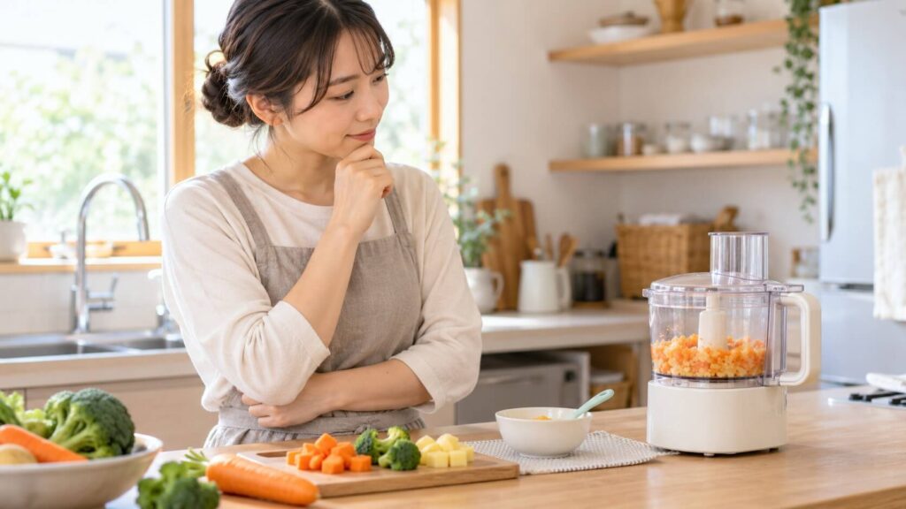 フードプロセッサーの前で悩む女性